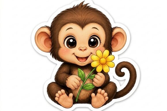 Cute Baby Monkey with Yellow Flower Stic