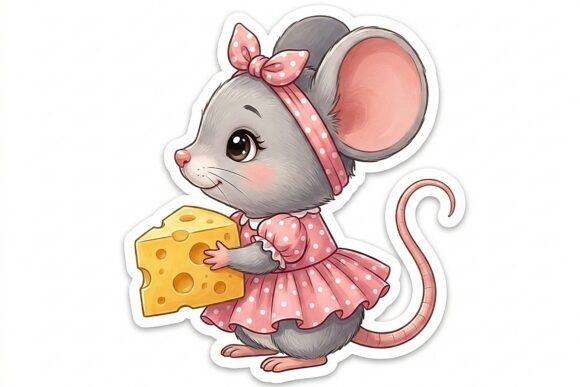 Cute Mouse Girl with Cheese Sticker