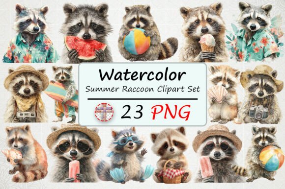 Watercolor Summer Raccoon Clipart Set: A Versatile Resource for Creative Projects